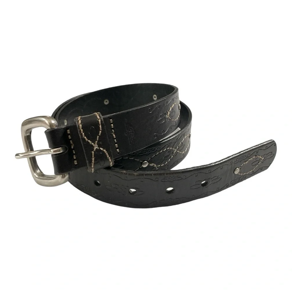 Dockers Tooled Floral Studded Black Leather Belt with adjustable buckle